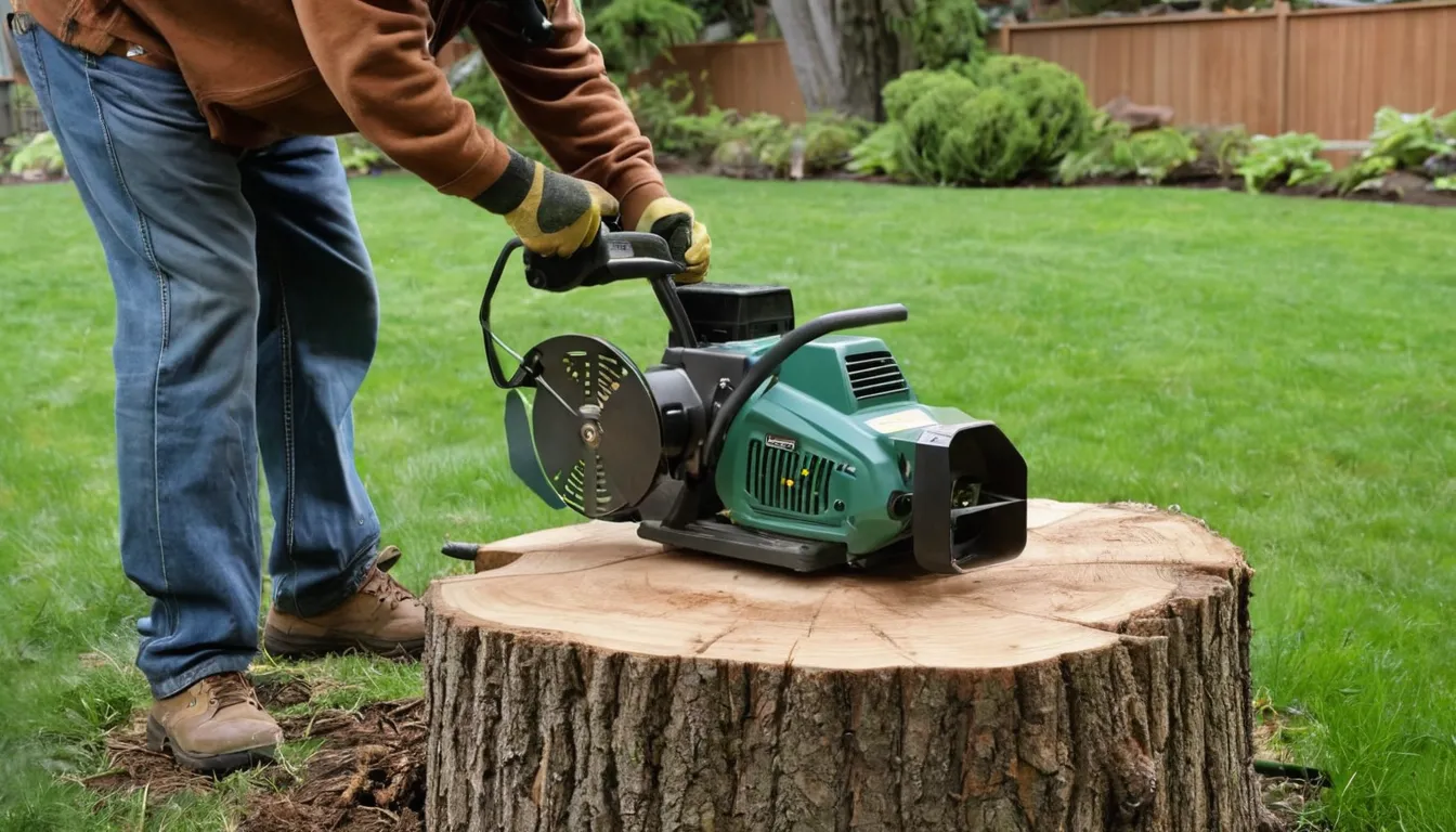 Stump grinder working on a tree stump in a Vancouver backyard with wood chips on the lawn
